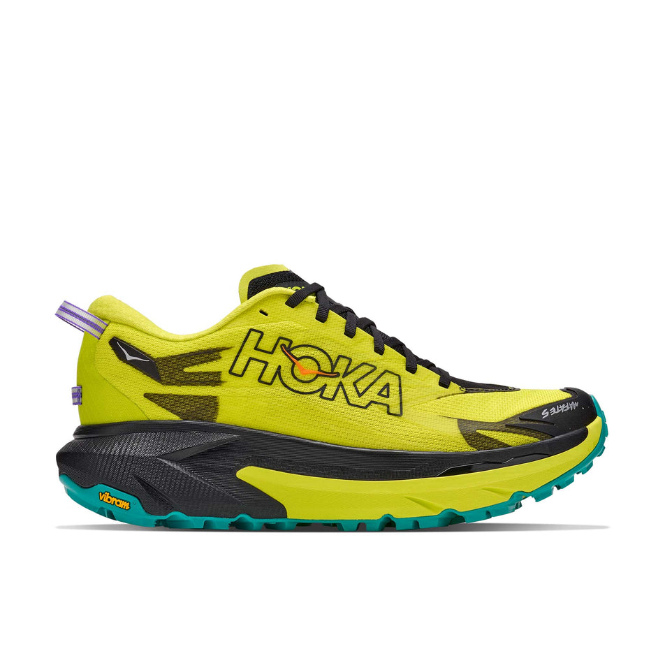 Lateral view of the right shoe from a pair of HOKA Men's Mafate 5 Trail Running Shoes in the Black/Hoka Citrus colourway.