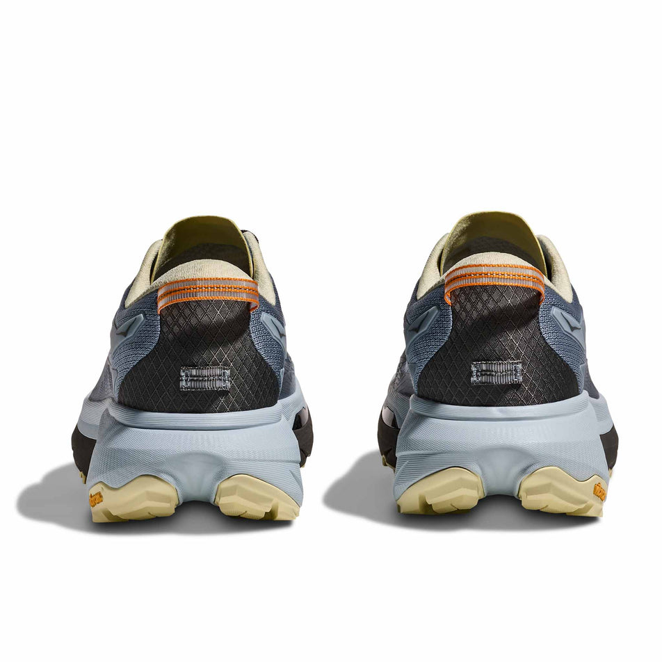 The back of a pair of HOKA Men's Mafate 5 Running Shoes in the Mineral Blue/Washed Blue colourway.