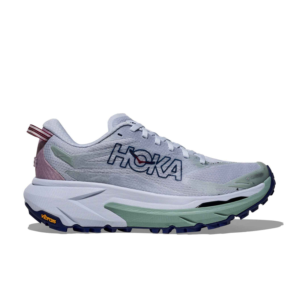 Lateral view of the right shoe from a pair of HOKA Women's Mafate 5 Running Shoes in the Ambient Blue/Rosemary colourway.