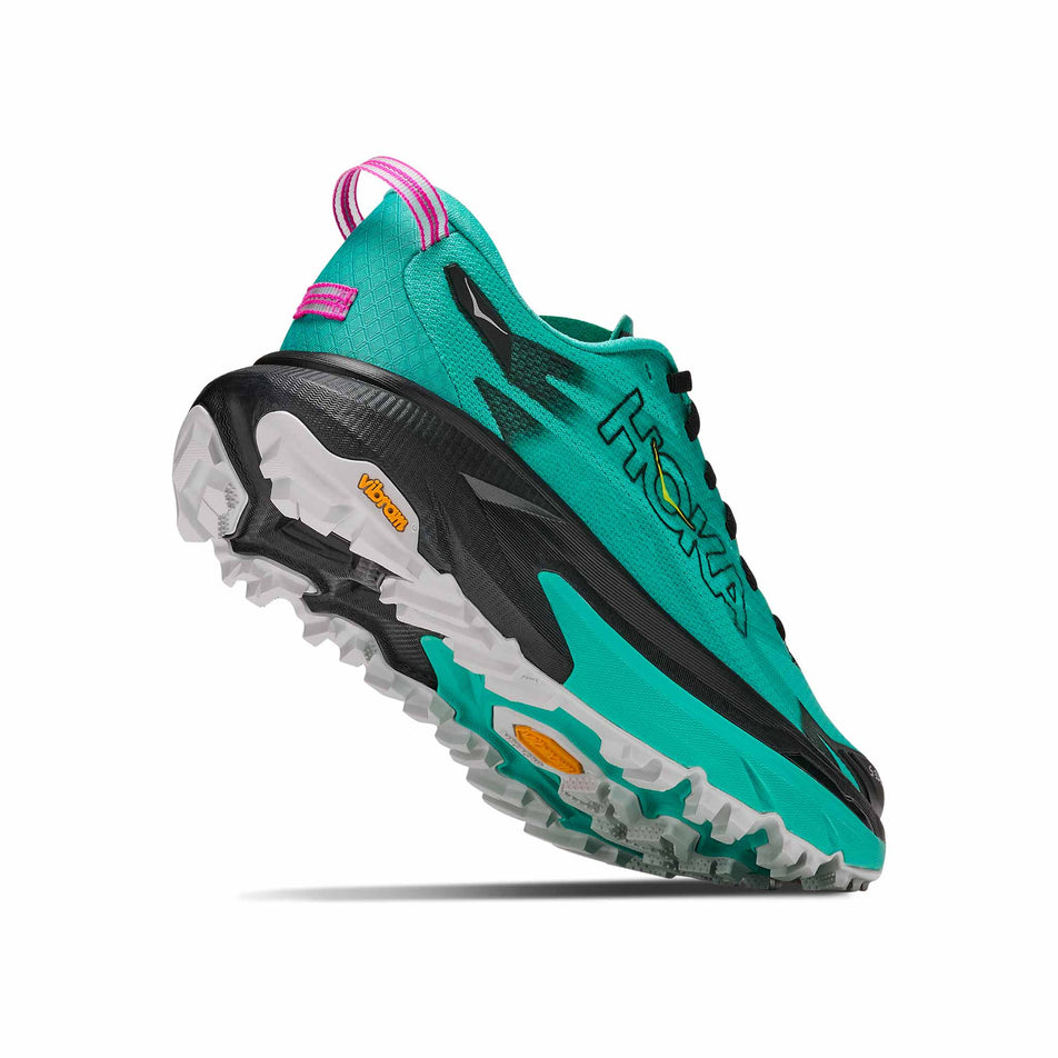 Lateral - and outsole - view of the right shoe from a pair of HOKA Women's Mafate 5 Trail Running Shoes in the Black/Electric Aqua colourway.