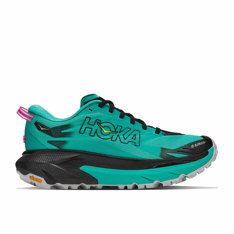 Lateral view of the right shoe from a pair of HOKA Women's Mafate 5 Trail Running Shoes in the Black/Electric Aqua colourway.