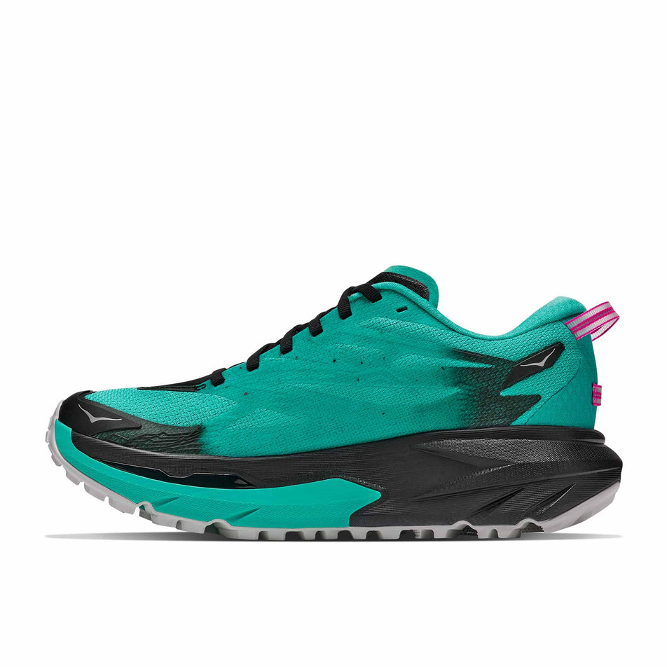 Medial view of the right shoe from a pair of HOKA Women's Mafate 5 Trail Running Shoes in the Black/Electric Aqua colourway.