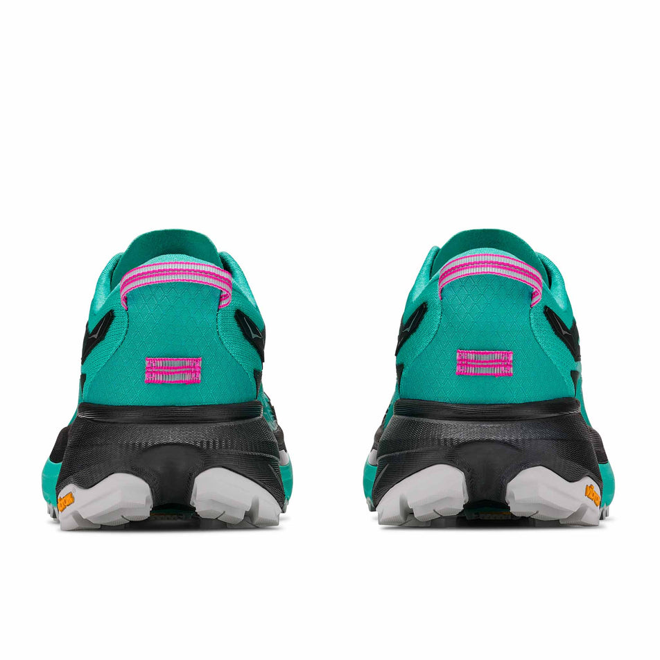 The back of a pair of HOKA Women's Mafate 5 Trail Running Shoes in the Black/Electric Aqua colourway.