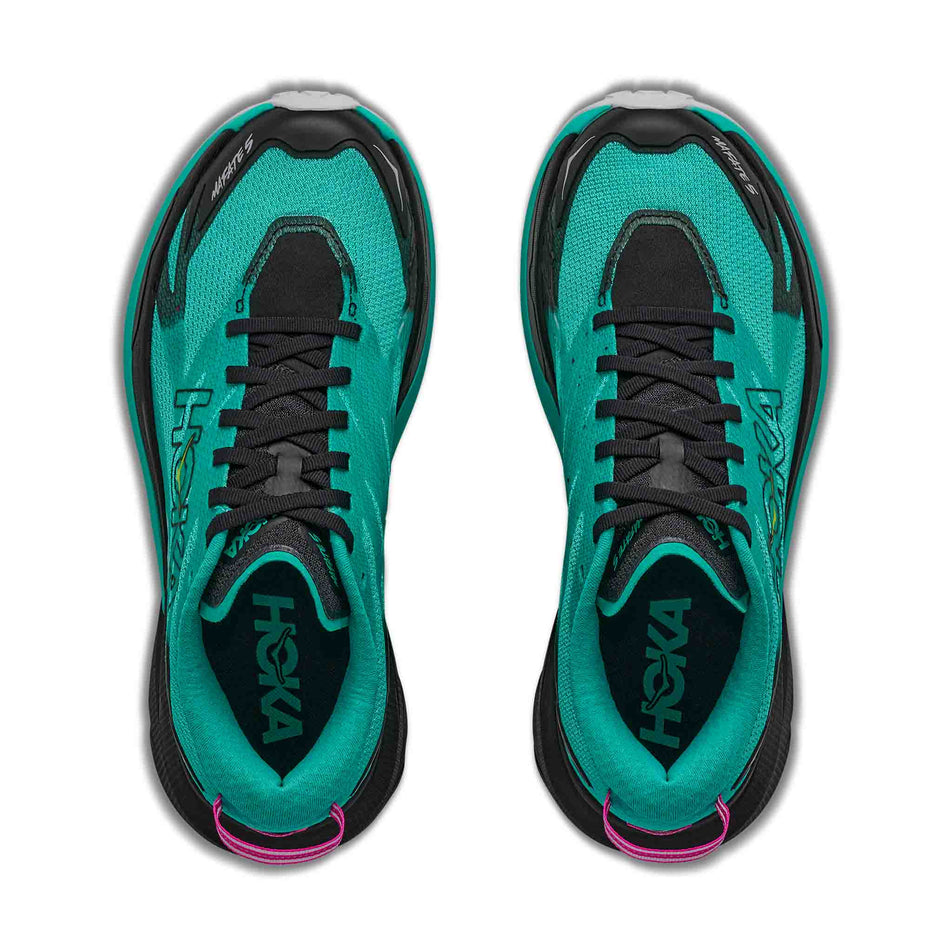 The uppers of a pair of HOKA Women's Mafate 5 Trail Running Shoes in the Black/Electric Aqua colourway.