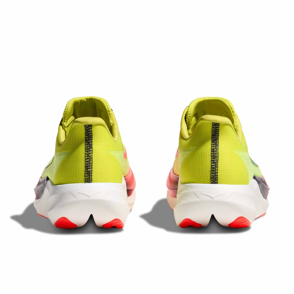 The back of a pair HOKA Unisex Rocket X 3 Running Shoes in the Neon Yuzu/Squid Ink colourway.