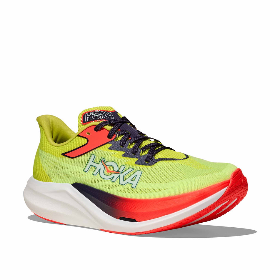 Lateral view of the right shoe from a pair HOKA Unisex Rocket X 3 Running Shoes in the Neon Yuzu/Squid Ink colourway.