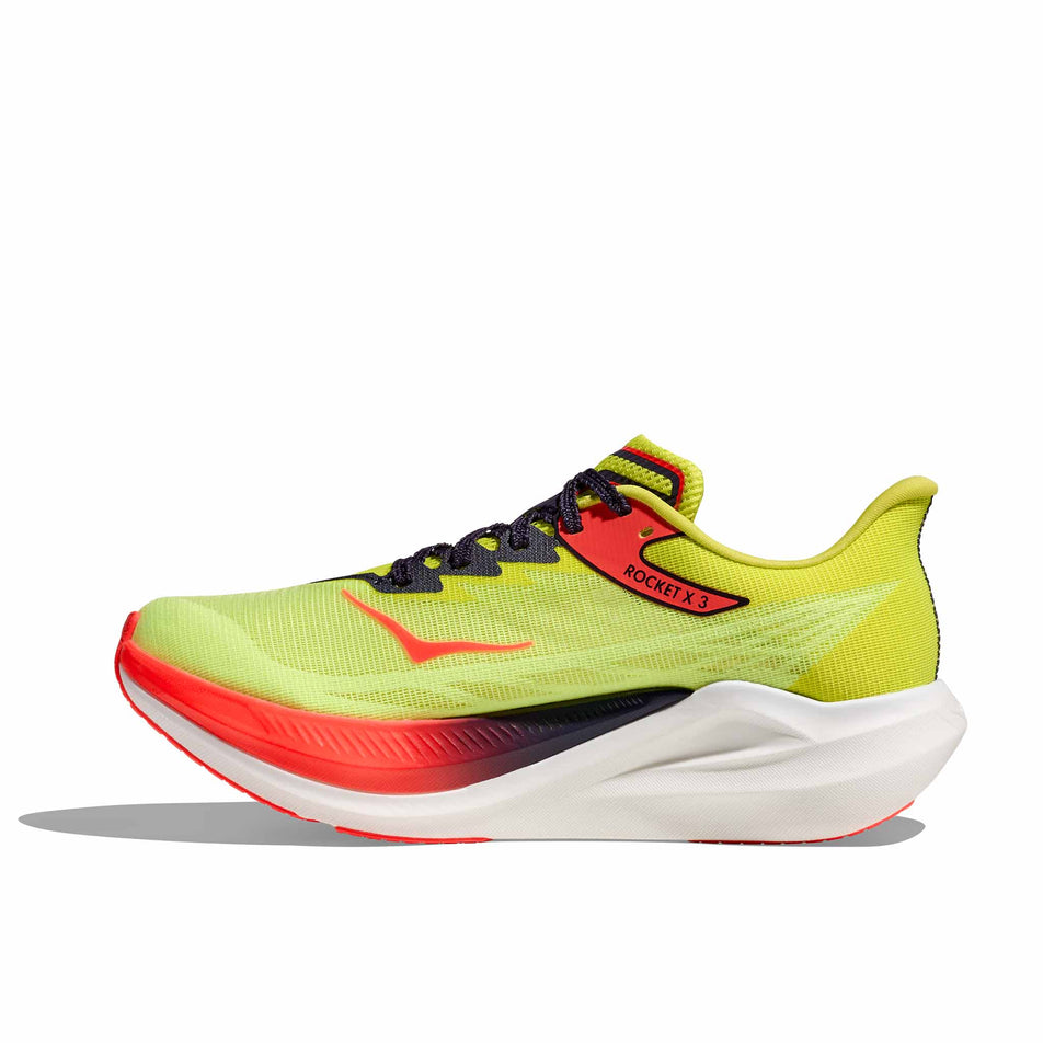 Medial view of the right shoe from a pair HOKA Unisex Rocket X 3 Running Shoes in the Neon Yuzu/Squid Ink colourway.