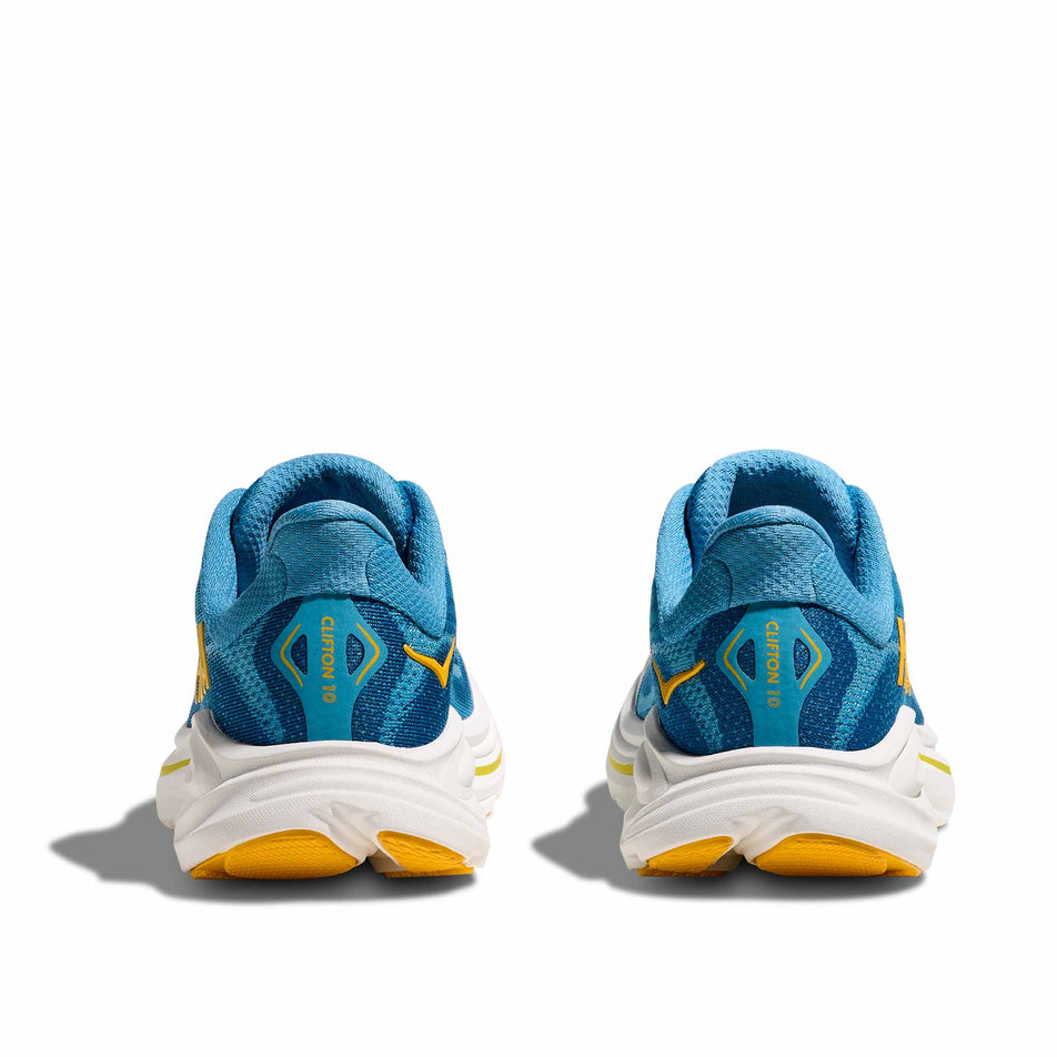 The back of a pair of HOKA Clifton 10 Big Kids Running Shoes in the Alpine Blue/Foggy Night colourway.