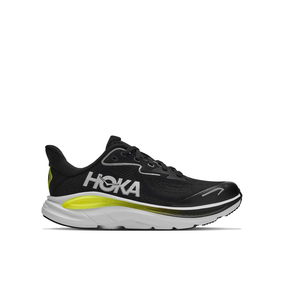 Lateral view of the right shoe from a pair of HOKA Clifton 10 Big Kids Running Shoes in the Black/Cosmic Grey colourway.