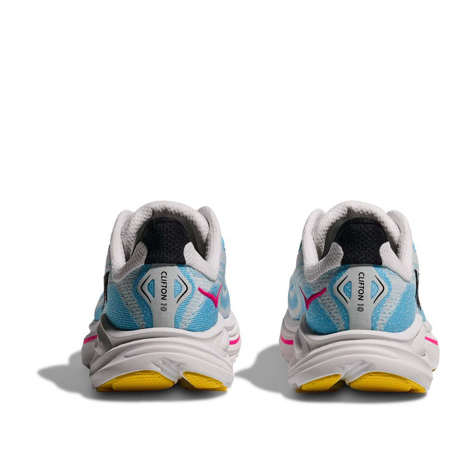 The back of a pair of HOKA Clifton 10 Big Kids Running Shoes in the Frost/Soaring Blue colourway.