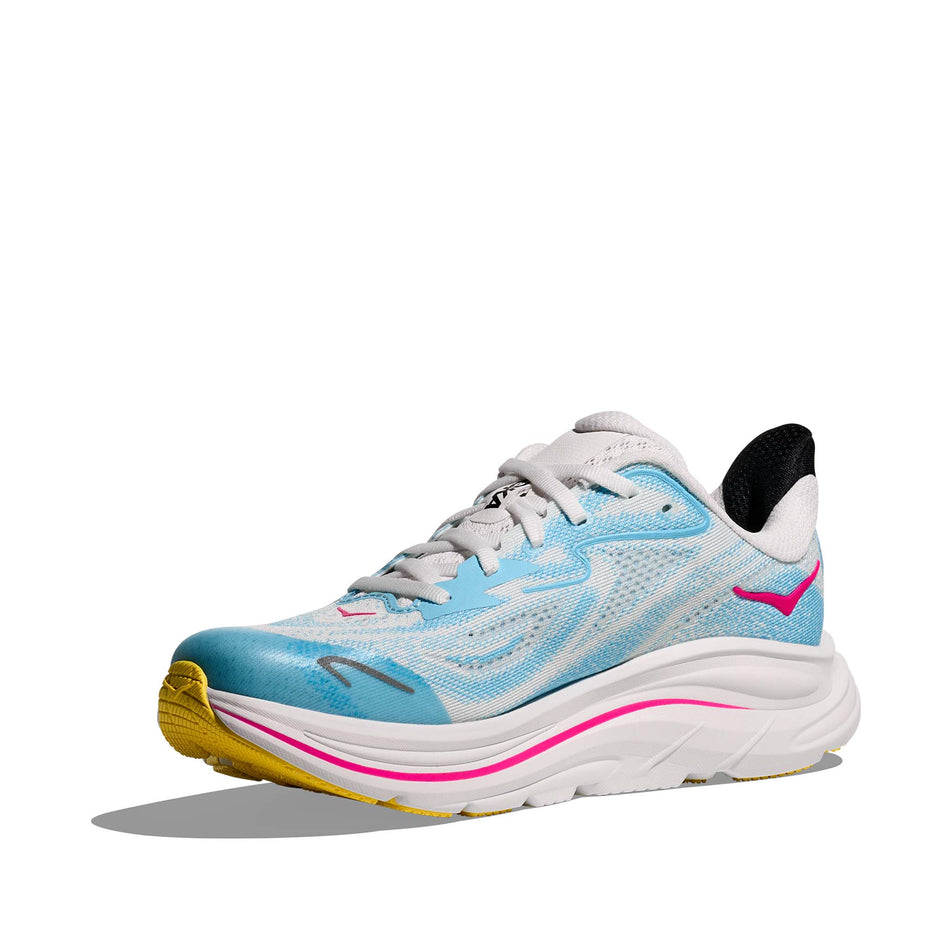 Medial view of the right shoe from a pair of HOKA Clifton 10 Big Kids Running Shoes in the Frost/Soaring Blue colourway.