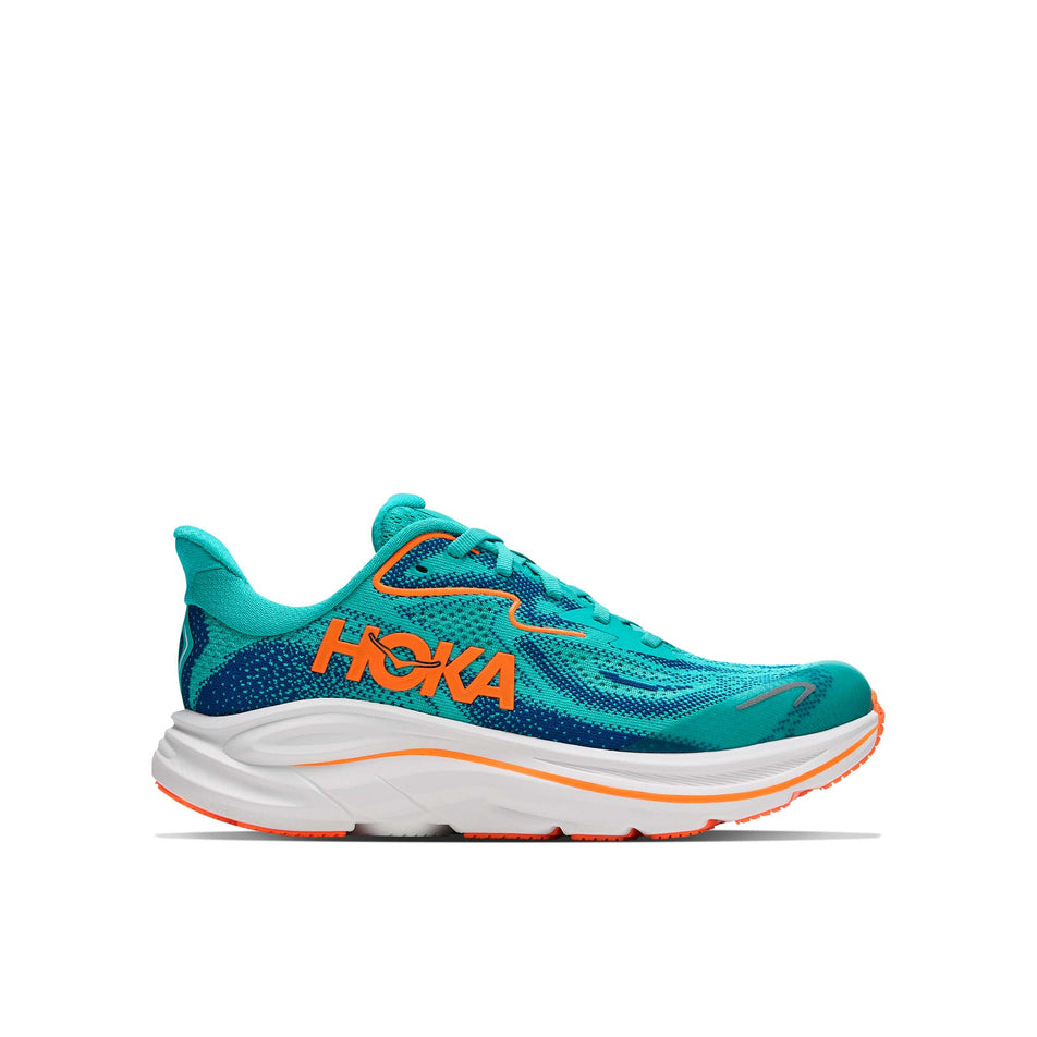 Lateral view of the right shoe from a pair of HOKA Clifton 10 Big Kids Running Shoes in the Night Glow Blue/Electric Aqua colourway.