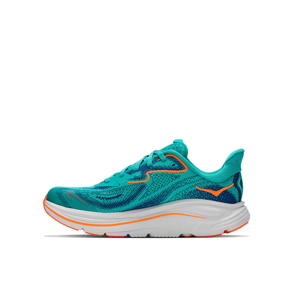 Medial view of the right shoe from a pair of HOKA Clifton 10 Big Kids Running Shoes in the Night Glow Blue/Electric Aqua colourway.