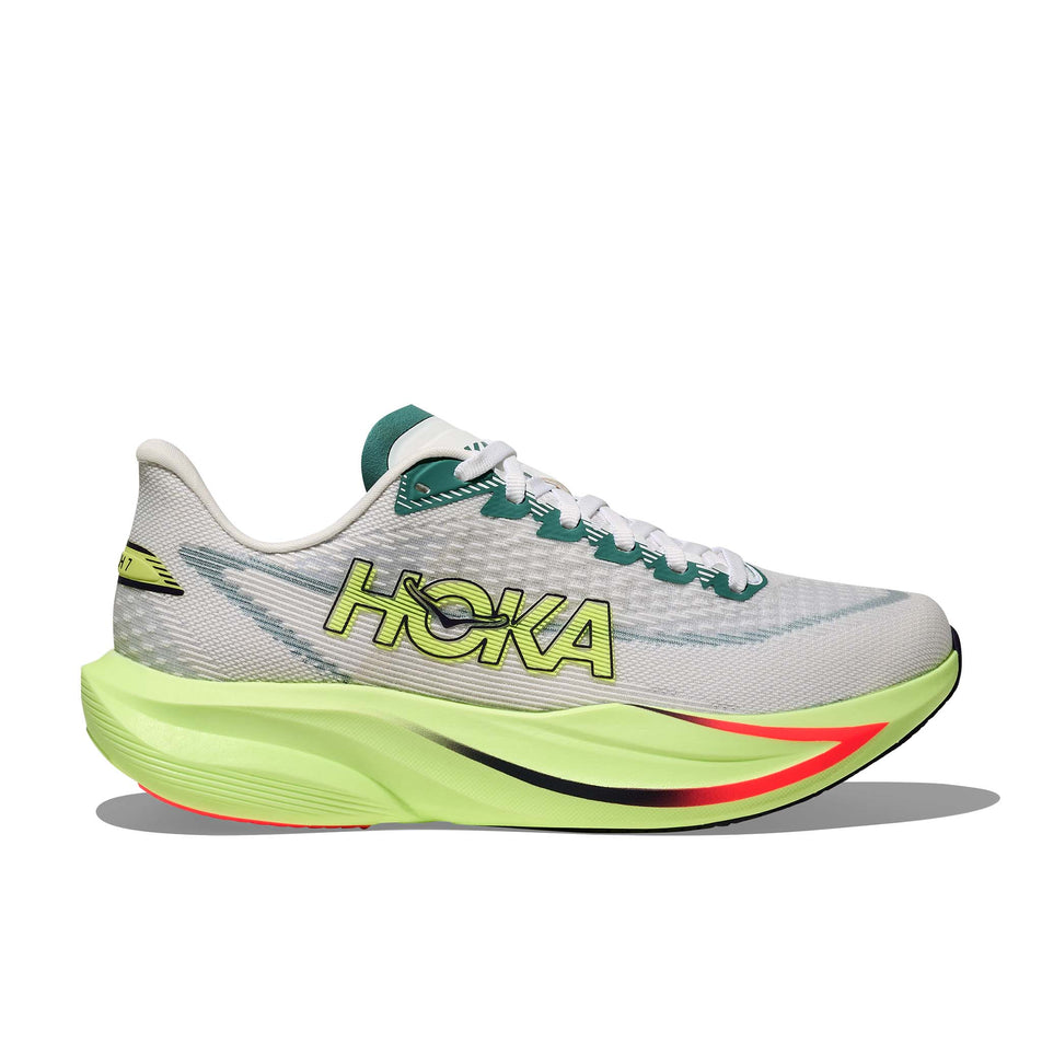 Lateral view of the right shoe from a pair of HOKA Men's Mach 7 Running Shoes in the Frost/Neon Yuzu colourway.