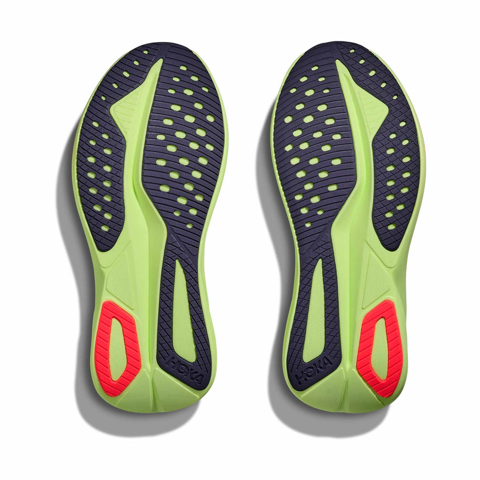 The outsoles of a pair of HOKA Men's Mach 7 Running Shoes in the Frost/Neon Yuzu colourway.