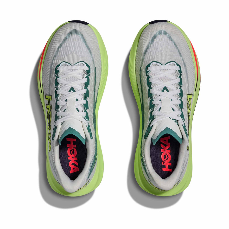 The uppers of a pair of HOKA Men's Mach 7 Running Shoes in the Frost/Neon Yuzu colourway.