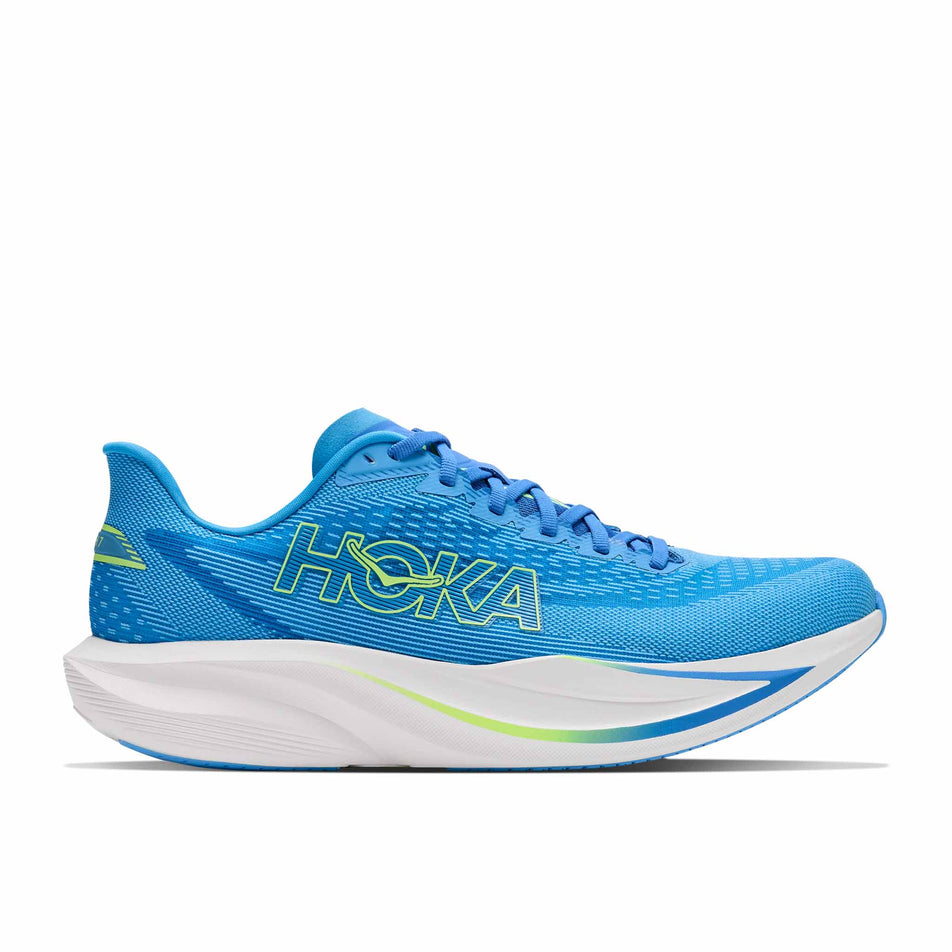 Lateral view of the right shoe from a pair of HOKA Men's Mach 7 Running Shoes in the Virtual Blue/Soft Cobalt colourway.