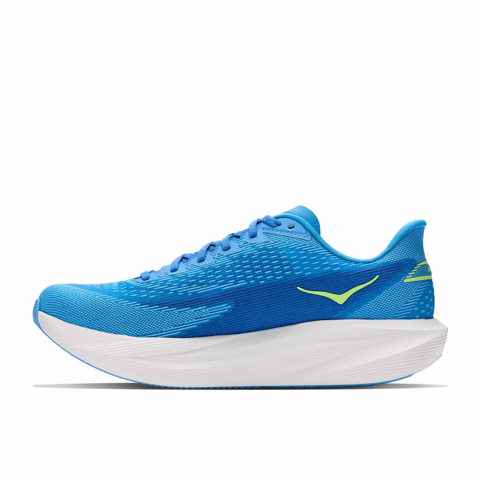 Medial view of the right shoe from a pair of HOKA Men's Mach 7 Running Shoes in the Virtual Blue/Soft Cobalt colourway.