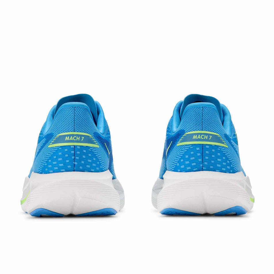 The back a pair of HOKA Men's Mach 7 Running Shoes in the Virtual Blue/Soft Cobalt colourway.