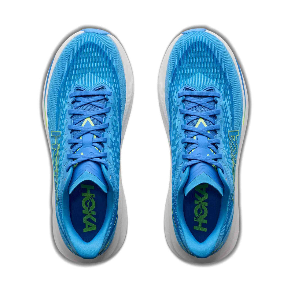 The uppers of a pair of HOKA Men's Mach 7 Running Shoes in the Virtual Blue/Soft Cobalt colourway.