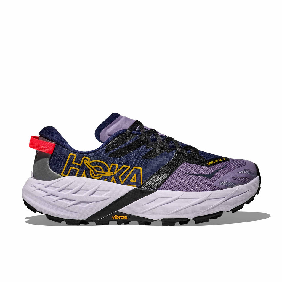 Lateral view of the right shoe from a pair of HOKA Women's Speedgoat 7 Running Shoes in the Berry Jam/Starlight Glow colourway.