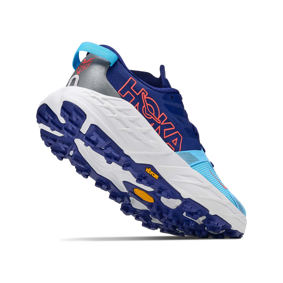Lateral - and outsole - view of the right shoe from a pair of HOKA Women's Speedgoat 7 Running Shoes in the Blueberry/Cosmic Grey colourway.