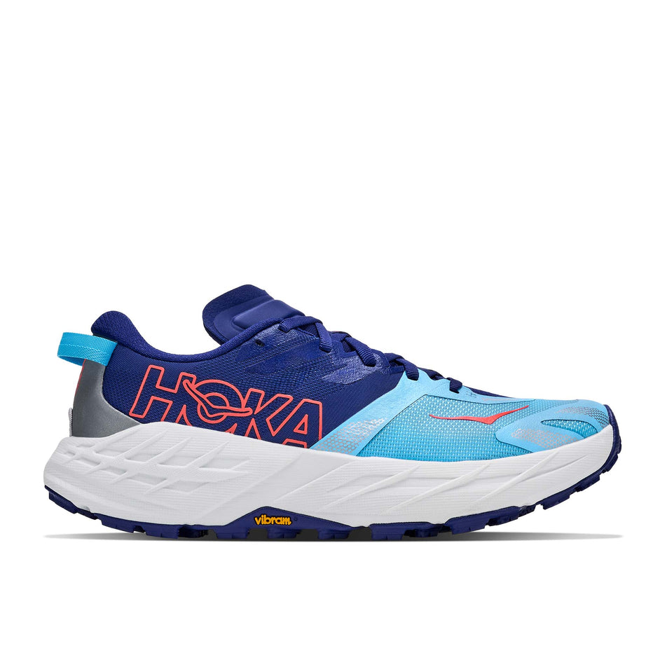 Lateral view of the right shoe from a pair of HOKA Women's Speedgoat 7 Running Shoes in the Blueberry/Cosmic Grey colourway.