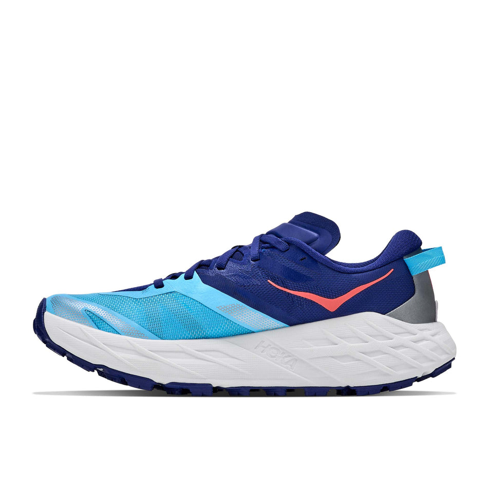 Medial view of the right shoe from a pair of HOKA Women's Speedgoat 7 Running Shoes in the Blueberry/Cosmic Grey colourway.
