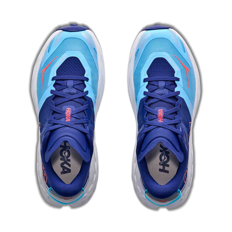 The uppers of a pair of HOKA Women's Speedgoat 7 Running Shoes in the Blueberry/Cosmic Grey colourway.