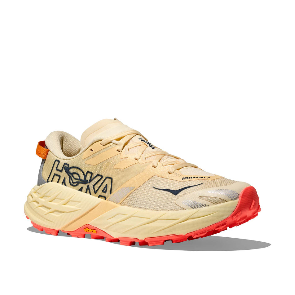 Lateral view of the right shoe from a pair of HOKA Women's Speedgoat 7 Running Shoes in the Vintage Yellow/Neon Flame colourway.