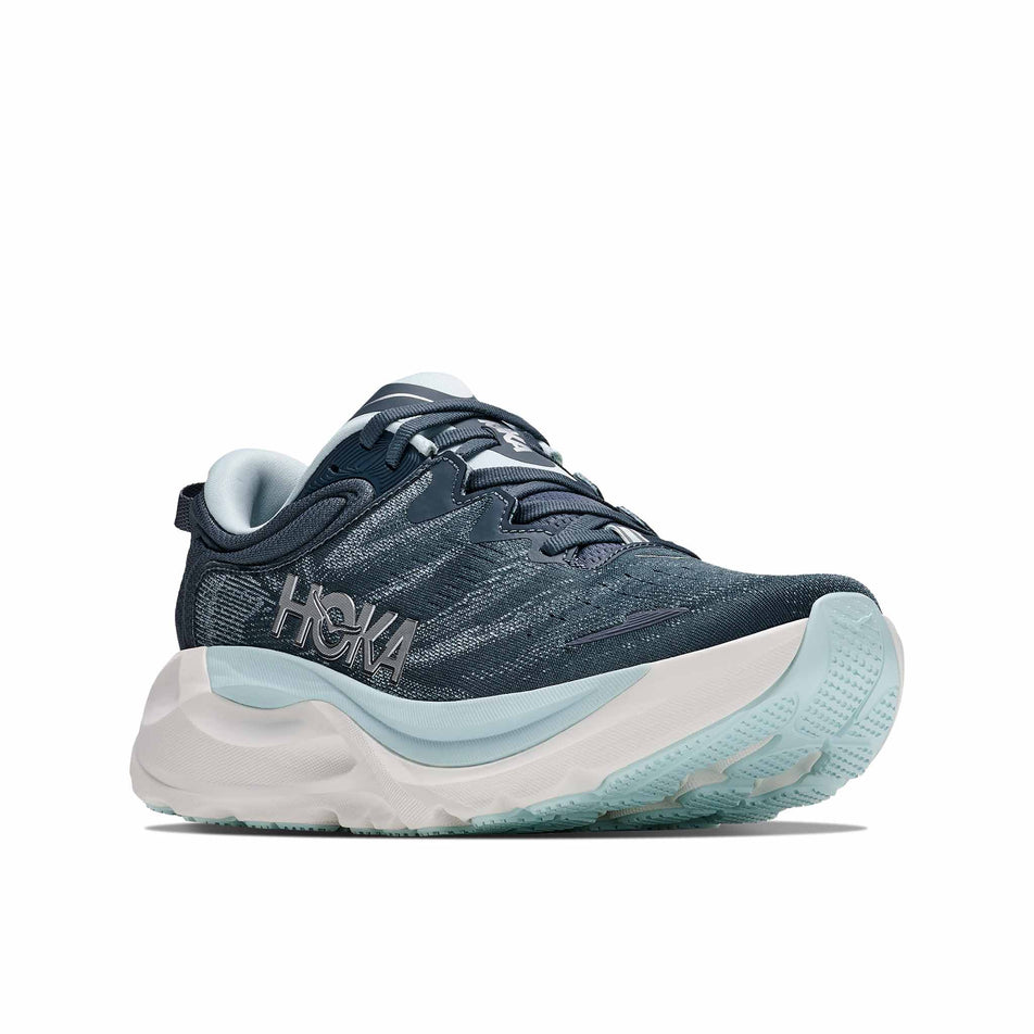 Lateral view of the right shoe from a pair of HOKA Women's Gaviota 6 Running Shoes in the Faded Navy/Glimmering Blue colourway.