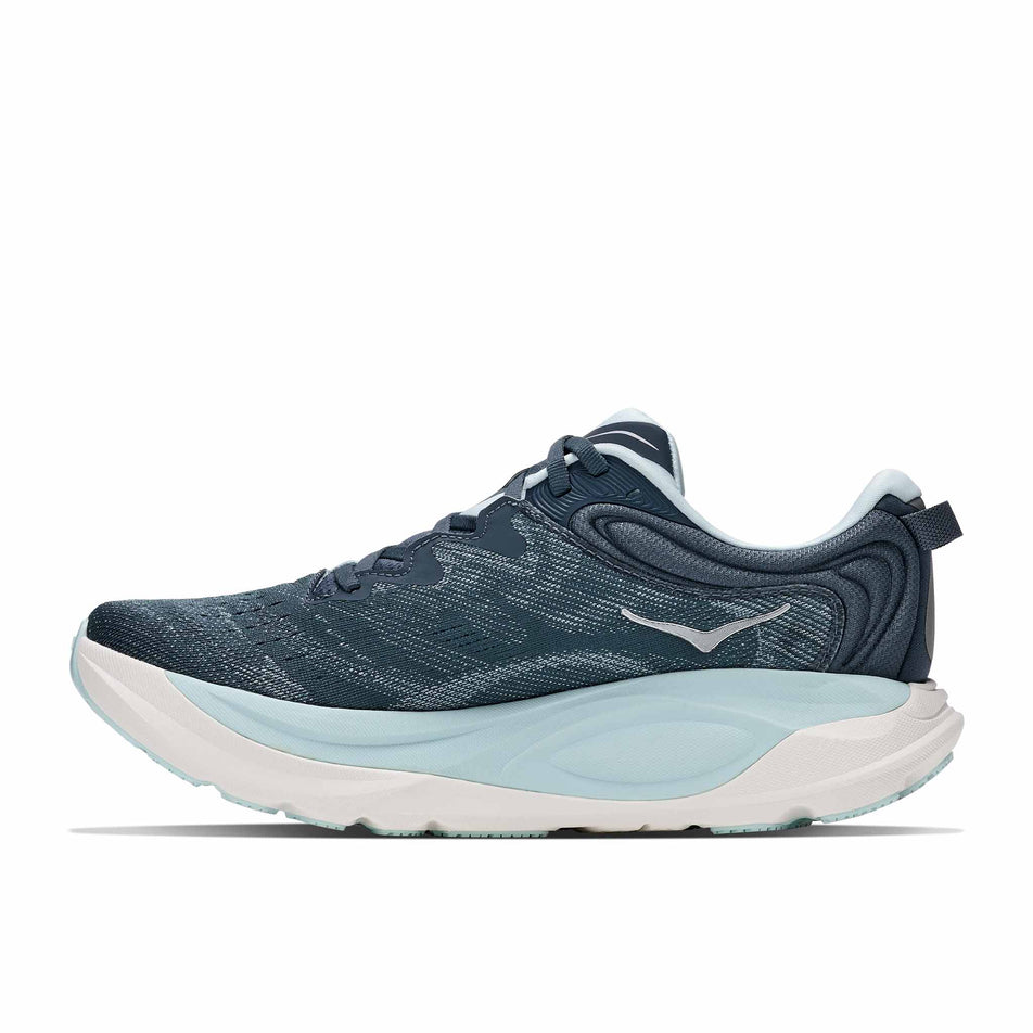 Medial view of the right shoe from a pair of HOKA Women's Gaviota 6 Running Shoes in the Faded Navy/Glimmering Blue colourway.