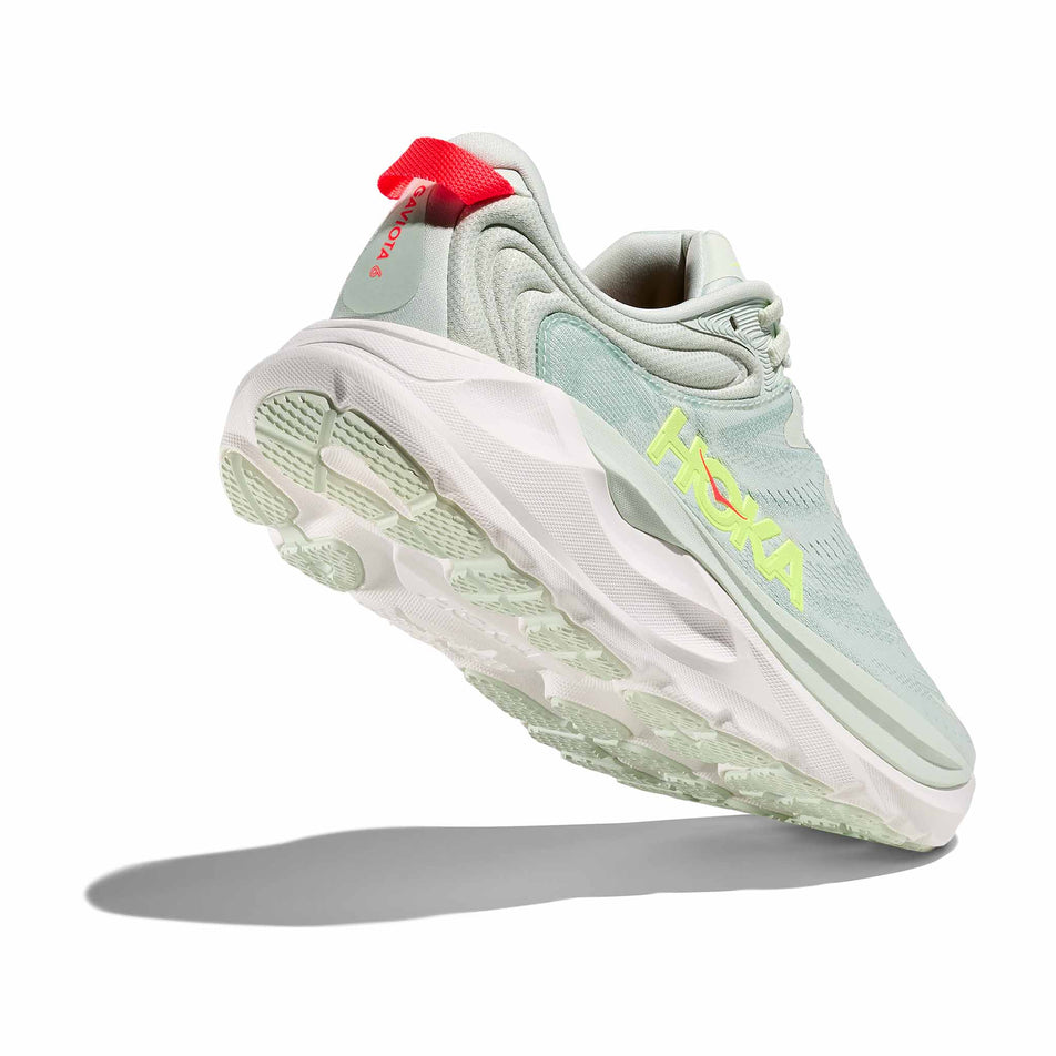 Lateral - and outsole - view of the right shoe from a pair of HOKA Women's Gaviota 6 Running Shoes in the Sea Glass/Sage colourway.