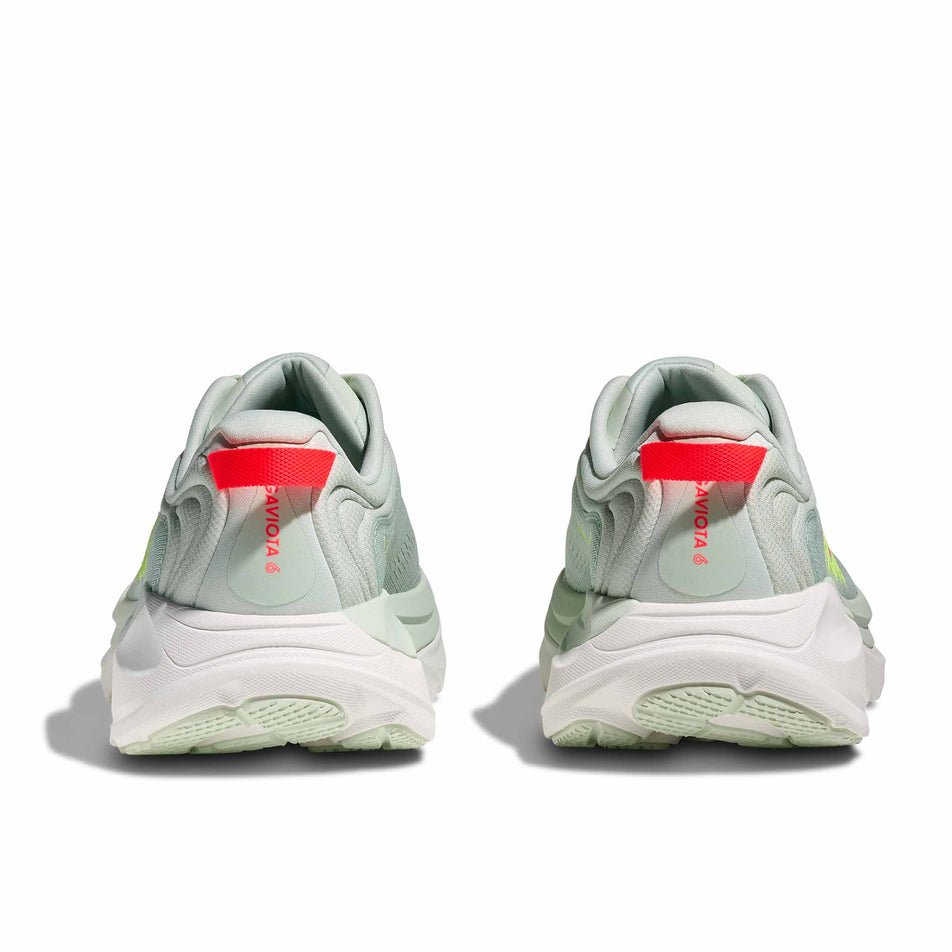 The back of a pair of HOKA Women's Gaviota 6 Running Shoes in the Sea Glass/Sage colourway.