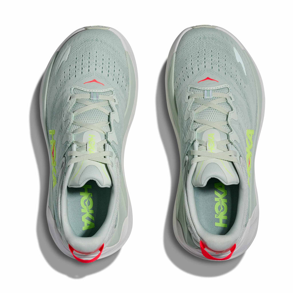 The uppers of a pair of HOKA Women's Gaviota 6 Running Shoes in the Sea Glass/Sage colourway.