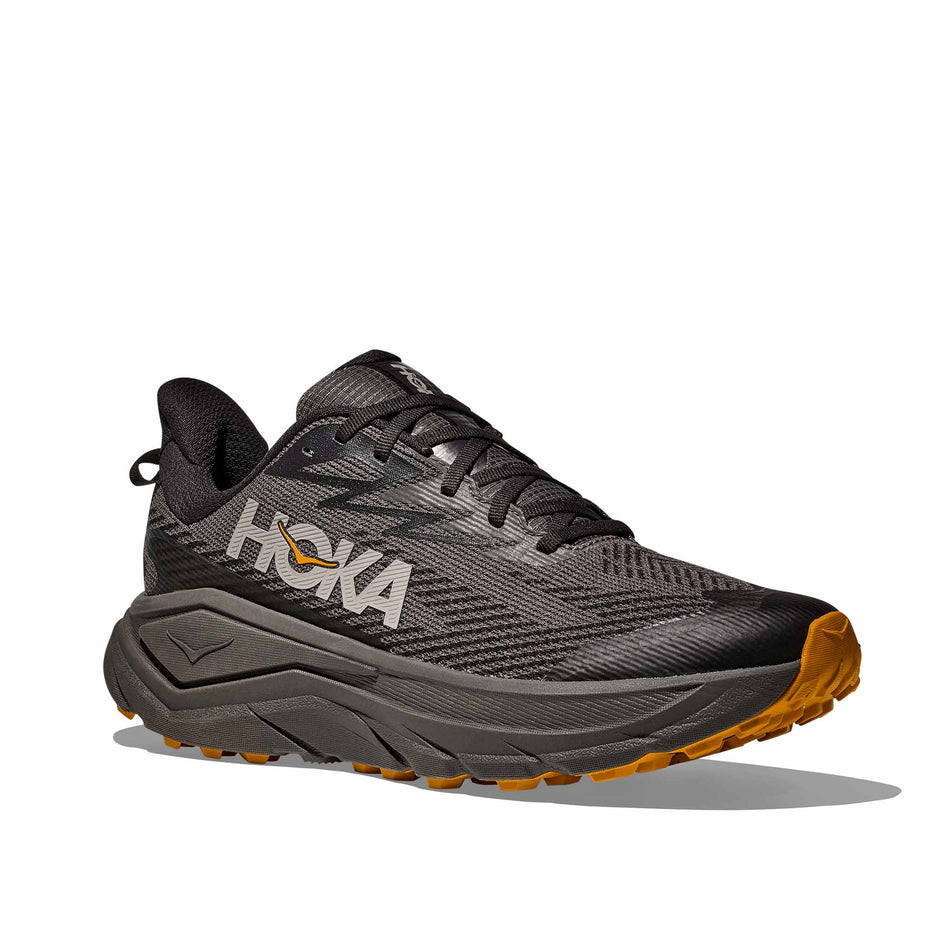Lateral view of the right shoe from a pair of HOKA Men's Challenger 8 GTX Running Shoes in the Asphalt Grey/Varsity Yellow colourway.