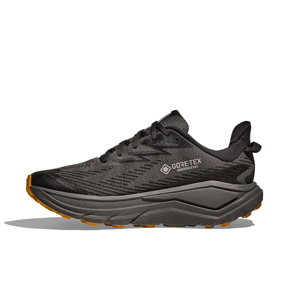 Medial view of the right shoe from a pair of HOKA Men's Challenger 8 GTX Running Shoes in the Asphalt Grey/Varsity Yellow colourway.