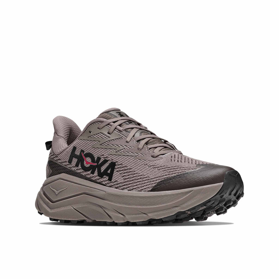 Lateral view of the right shoe from a pair of HOKA Men's Challenger 8 GTX Trail Running Shoes in the Pebble Grey/Boulder Grey colourway.