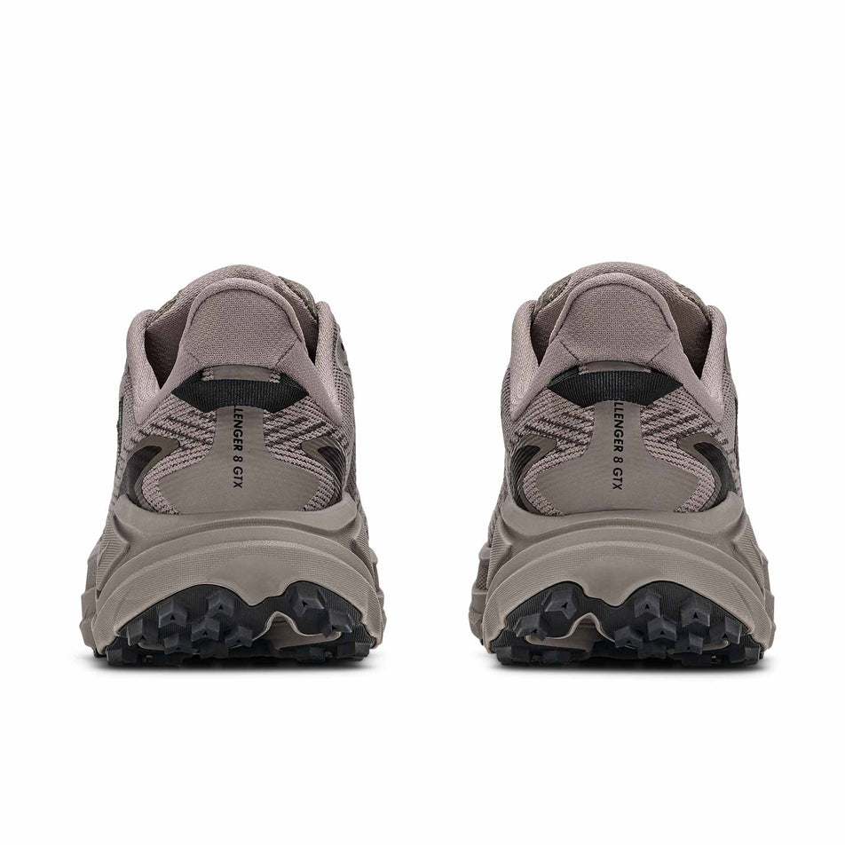 The back of pair of HOKA Men's Challenger 8 GTX Trail Running Shoes in the Pebble Grey/Boulder Grey colourway.