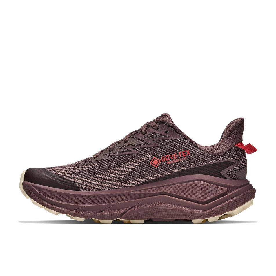 Medial view of the right shoe from a pair of HOKA Women's Challenger 8 GTX Trail Running Shoes in the Smoky Quartz/Alabaster colourway.
