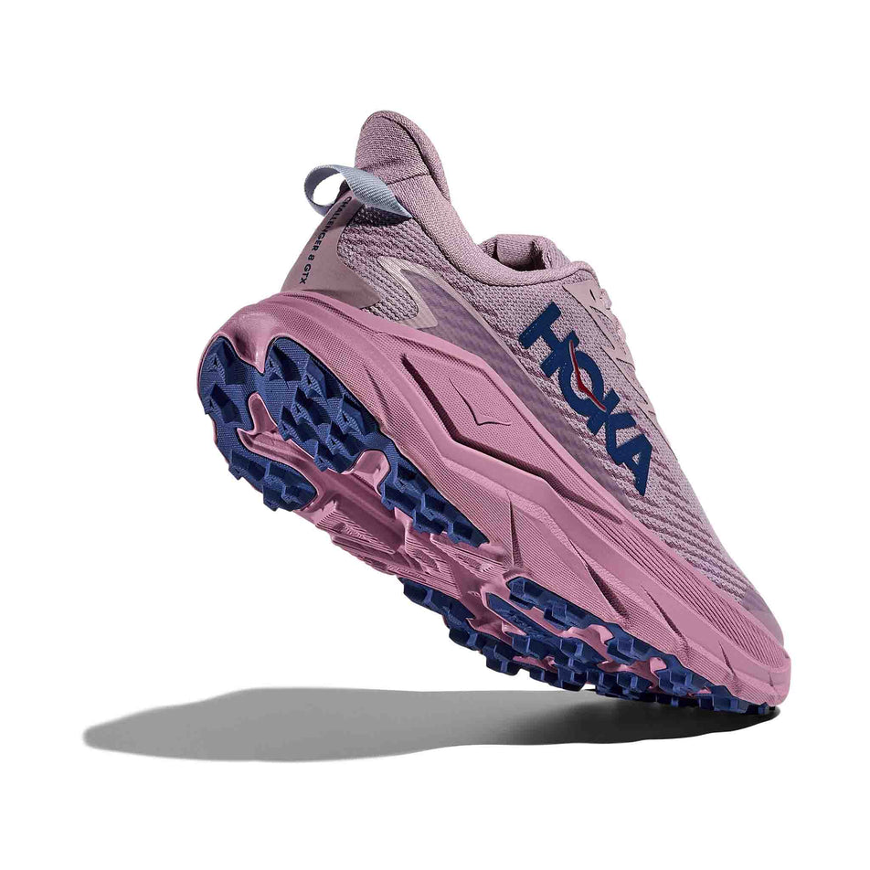Lateral - and outsole - view of the right shoe from a pair of HOKA Women's Challenger 8 GTX Running Shoes in the Fragrant Lilac/Berry Mauve colourway.