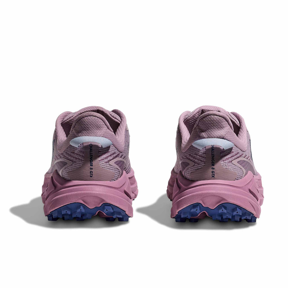 The back of a pair of HOKA Women's Challenger 8 GTX Running Shoes in the Fragrant Lilac/Berry Mauve colourway.