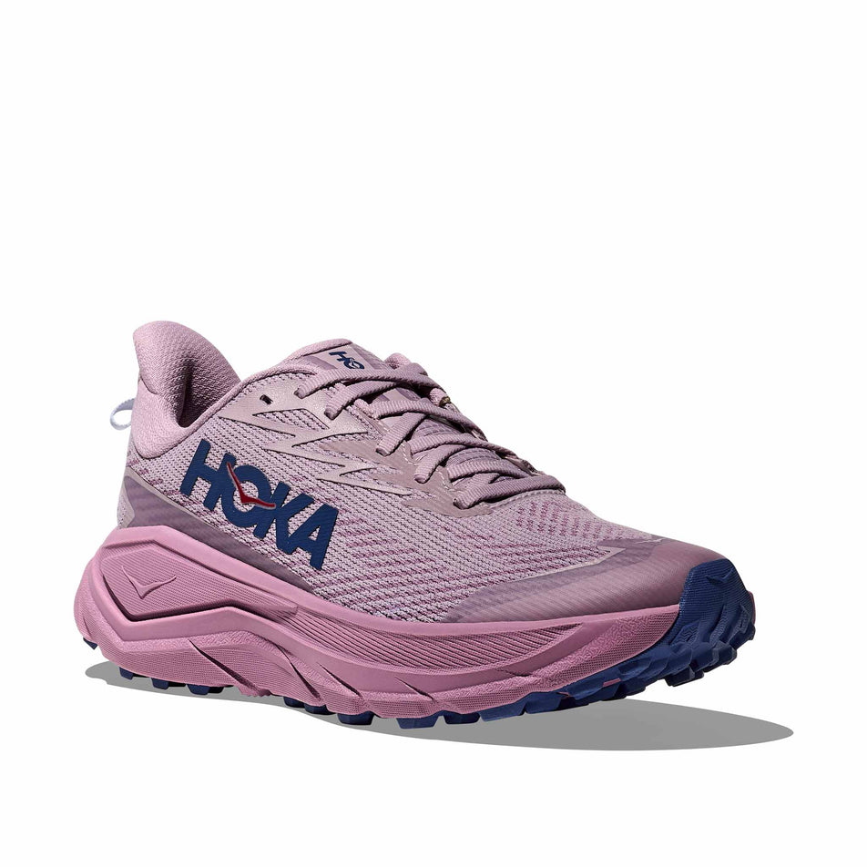 Lateral view of the right shoe from a pair of HOKA Women's Challenger 8 GTX Running Shoes in the Fragrant Lilac/Berry Mauve colourway.