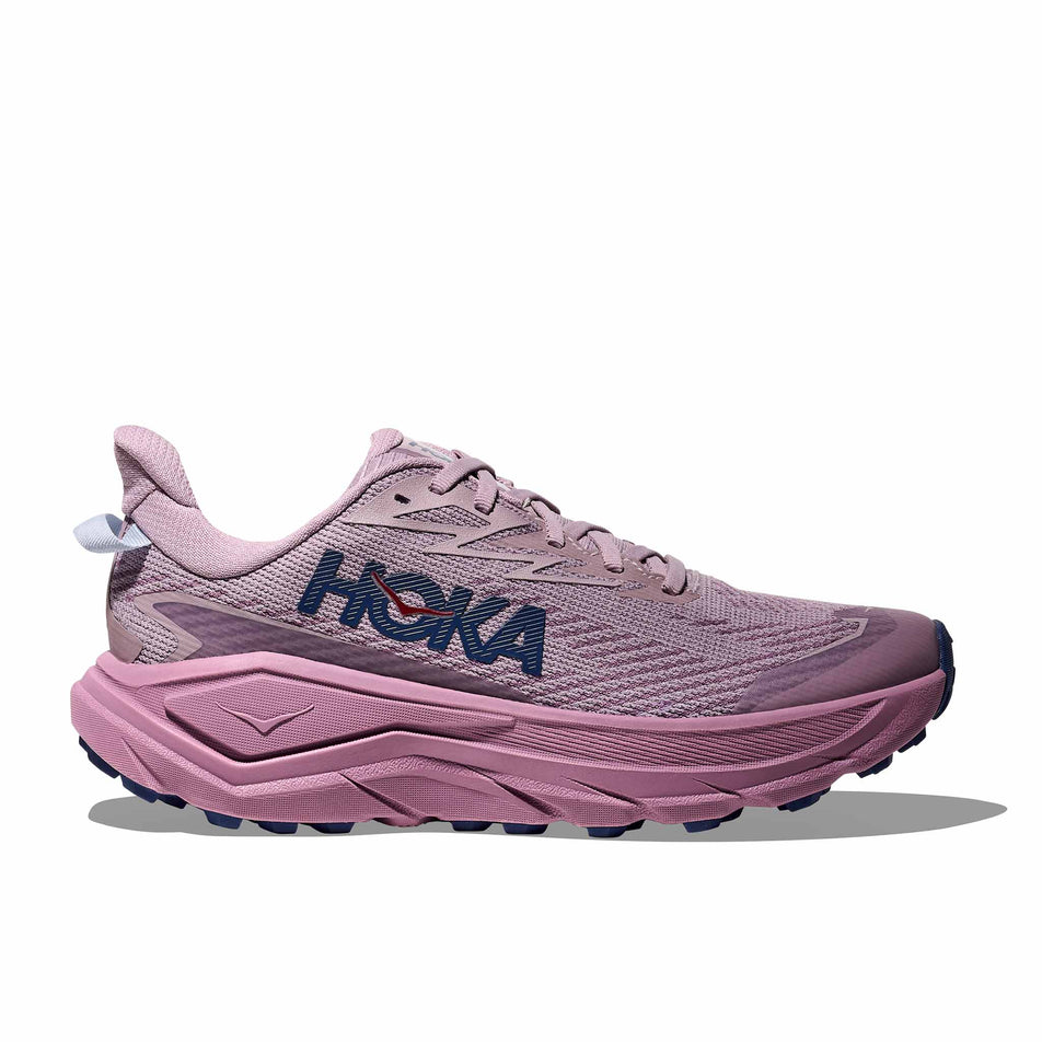 Lateral view of the right shoe from a pair of HOKA Women's Challenger 8 GTX Running Shoes in the Fragrant Lilac/Berry Mauve colourway.