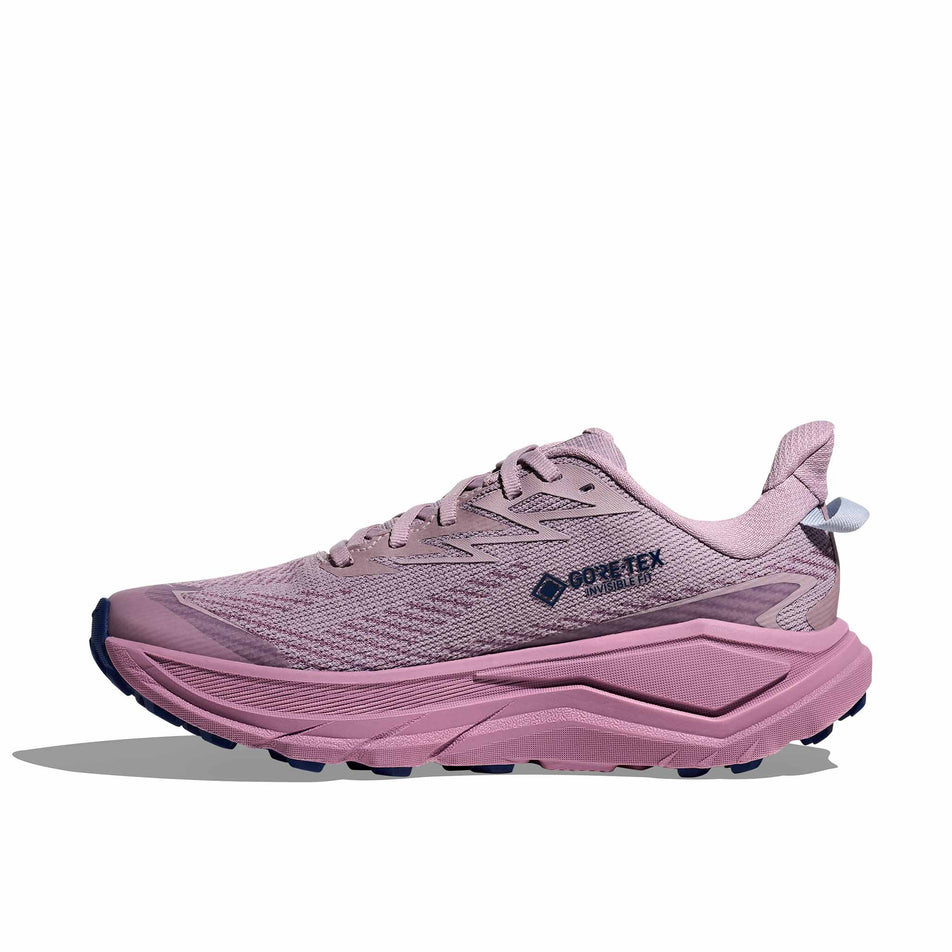 Medial view of the right shoe from a pair of HOKA Women's Challenger 8 GTX Running Shoes in the Fragrant Lilac/Berry Mauve colourway.