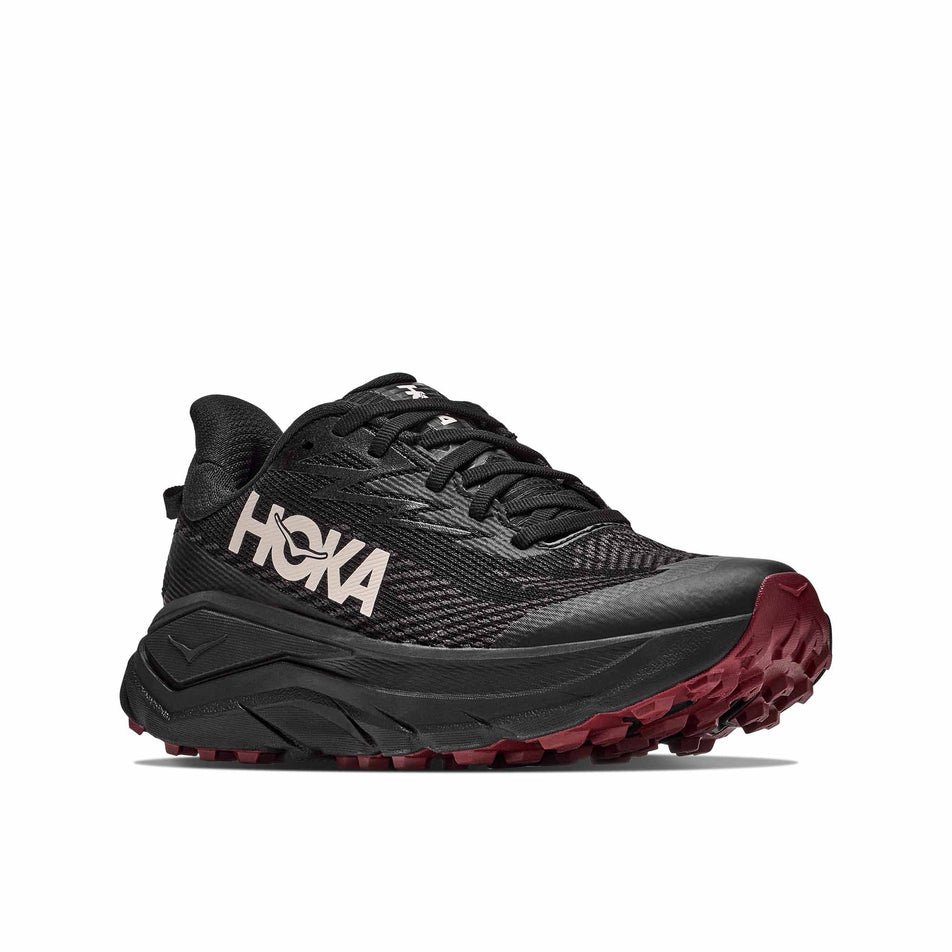 Lateral view of the right shoe from a pair of HOKA Women's Challenger 8 GTX Trail Running Shoes in the Black/Varsity Burgundy colourway.