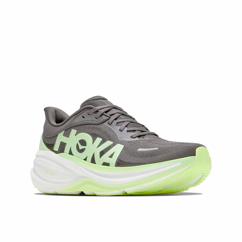 Lateral view of the right shoe from a pair of HOKA Men's Clifton Pro Running Shoes in the Carbon Black/Tart Apple colourway.