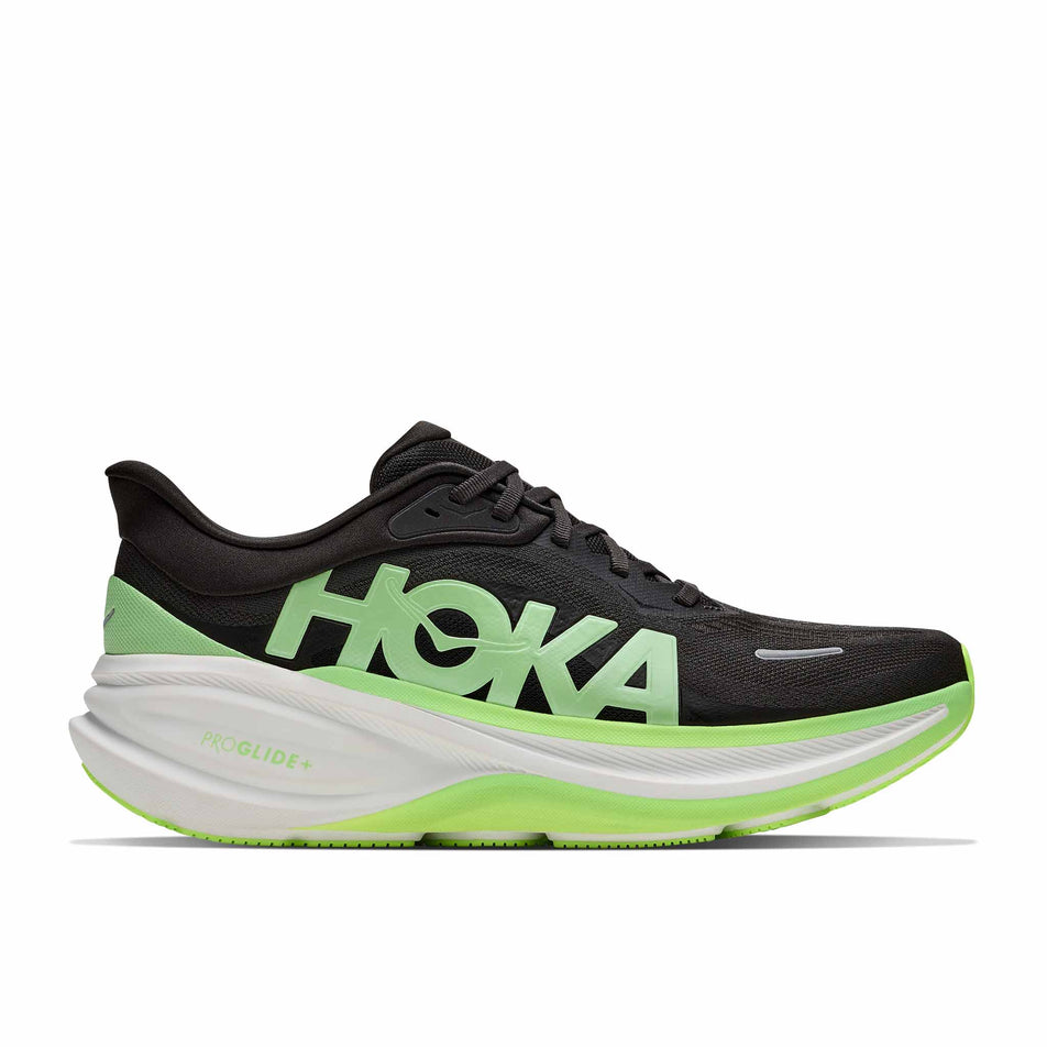 Lateral view of the right shoe from a pair of HOKA Men's Clifton Pro Running Shoes in the Carbon Black/Tart Apple colourway.