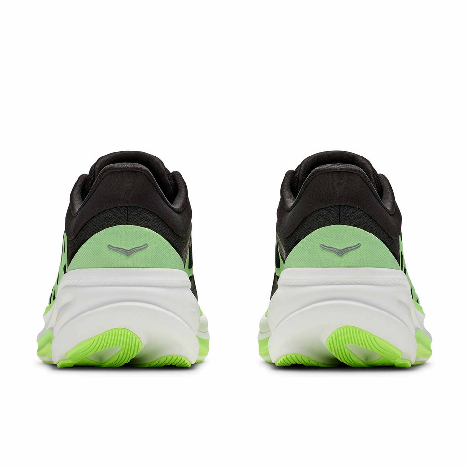 The back of a pair of HOKA Men's Clifton Pro Running Shoes in the Carbon Black/Tart Apple colourway.