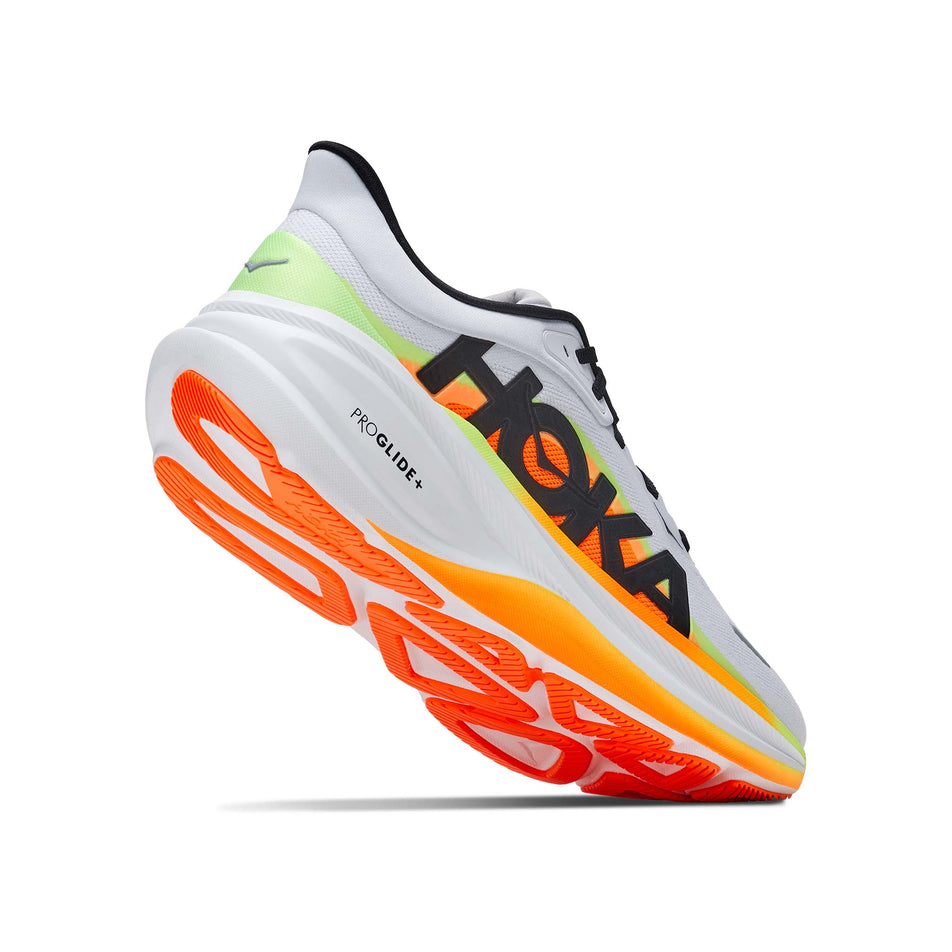 Lateral - and outsole - view of the right shoe from a pair of HOKA Men's Clifton Pro Running Shoes in the Cosmic Grey/Black colourway.
